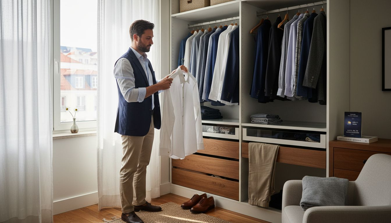 Homem sofisticado a escolher peças de roupa práticas e versáteis para o seu guarda-roupa.
